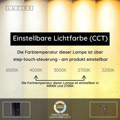 Lucide WELLS - wiederaufladbare Wandleuchte Innen/Außen - Akku/Batterie - Ø 10 cm - LED Dim. - CCT - 1x5W 2700K/4000K - IP54 - Rostfarbe | Essential